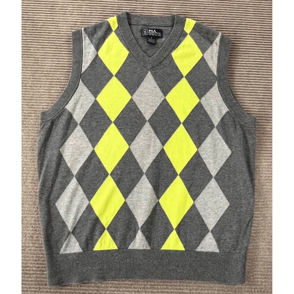 PGA TOUR Mens Argyle Sweater Vest Grey Neon Yellow V-Neck Cotton Blend Small